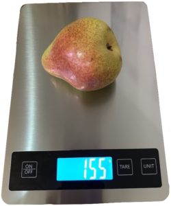 Pear weighing 155 grams on MiHealthmaker Kitchen Scale